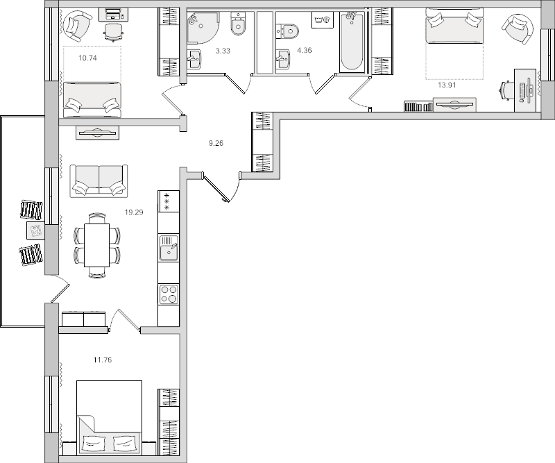 4-комнатная (Евро) квартира, 71.8 м² - планировка, фото №1