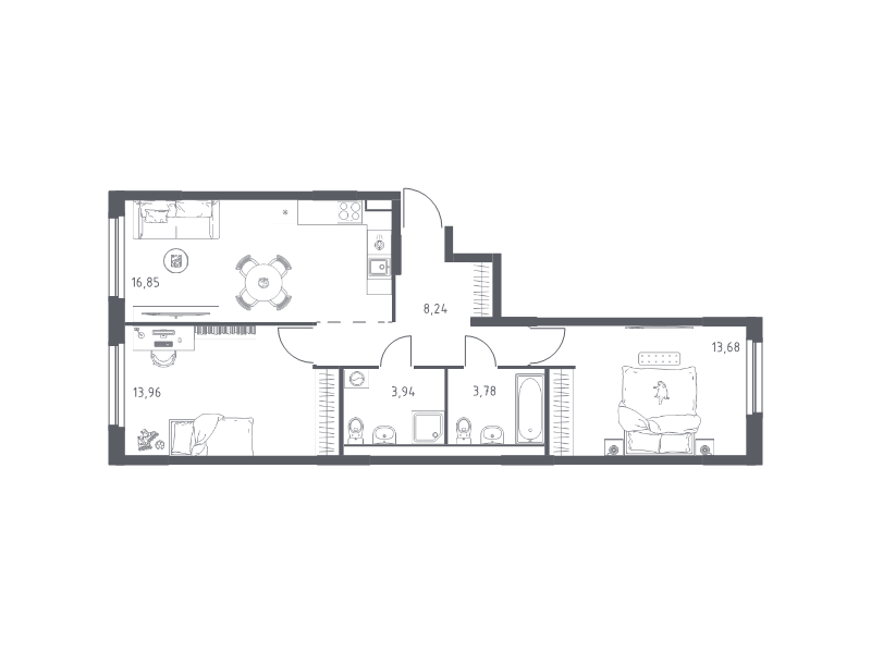 3-комнатная (Евро) квартира, 60.45 м² в ЖК "Невская Долина" - планировка, фото №1