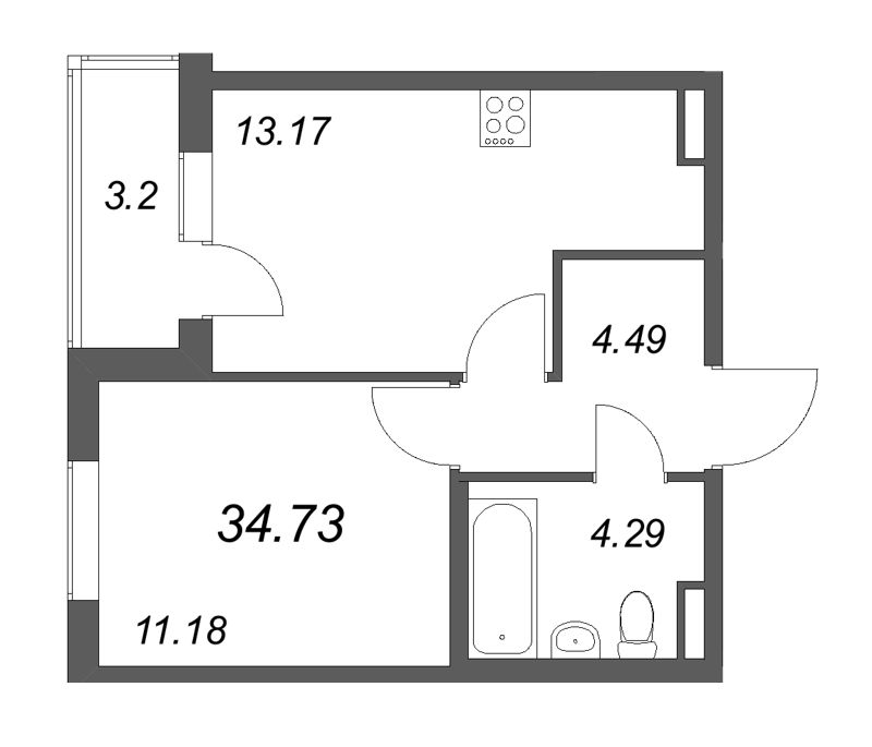 1-комнатная квартира, 34.73 м² в ЖК "Новая история" - планировка, фото №1