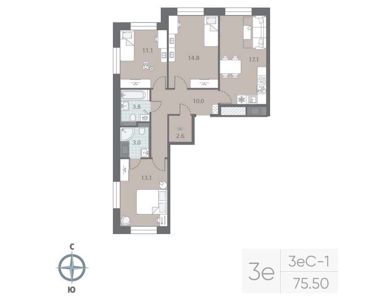 4-комнатная (Евро) квартира, 75.5 м² в ЖК "Большая Охта" - планировка, фото №1