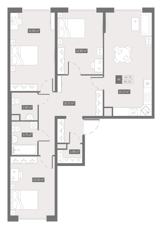 4-комнатная (Евро) квартира, 86.56 м² в ЖК "UP-квартал Новый Московский" - планировка, фото №1