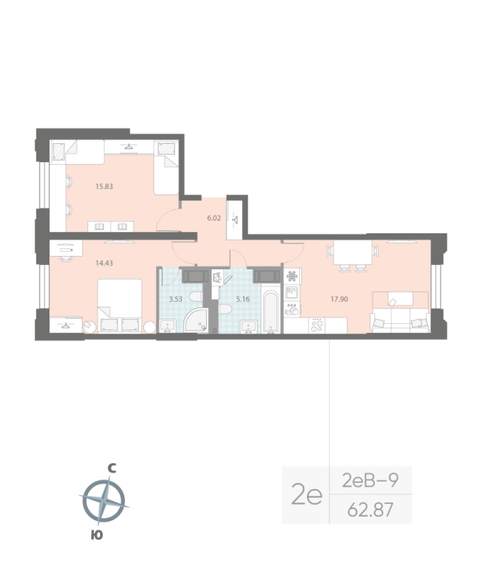 3-комнатная (Евро) квартира, 62.87 м² в ЖК "Цивилизация на неве" - планировка, фото №1