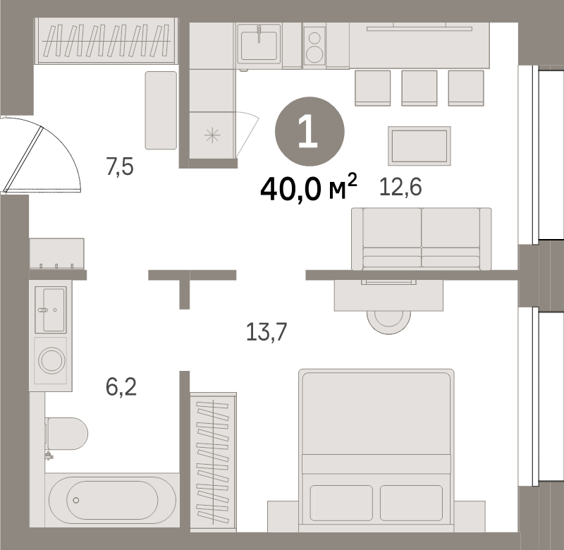 1-комнатная квартира, 40 м² - планировка, фото №1
