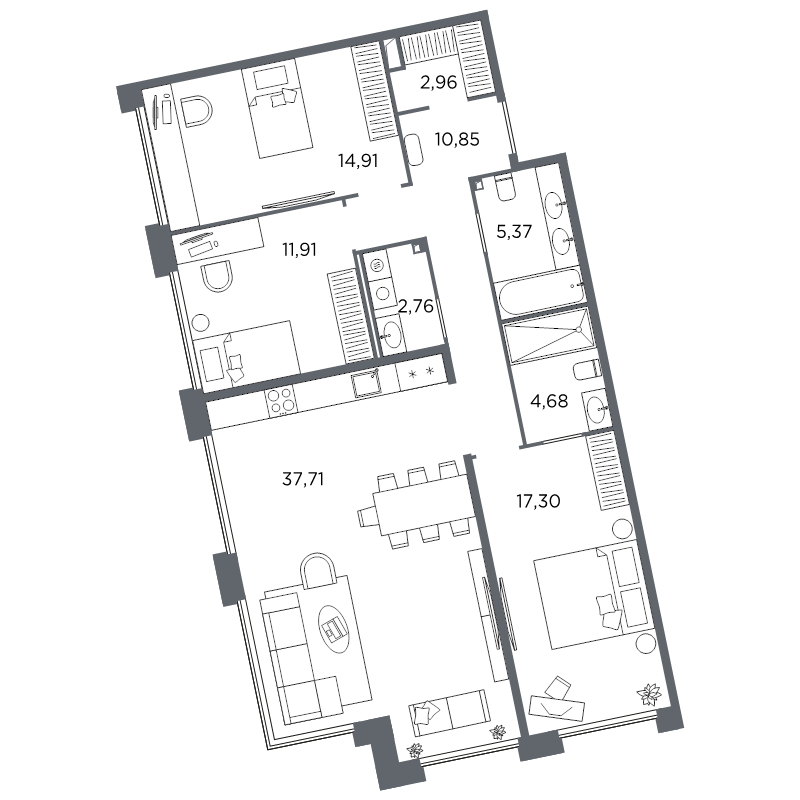 4-комнатная (Евро) квартира, 108.45 м² в ЖК "Акватория" - планировка, фото №1