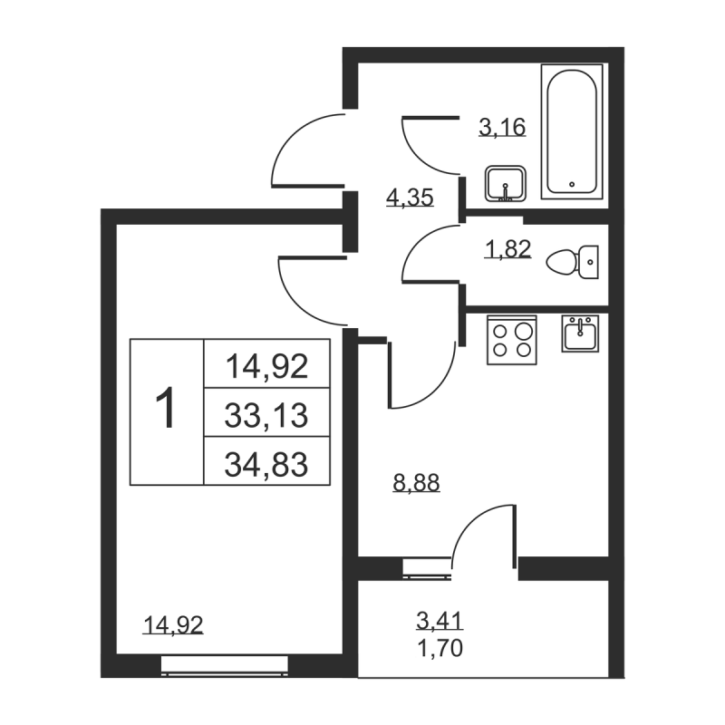 1-комнатная квартира, 34.83 м² в ЖК "Высота" - планировка, фото №1