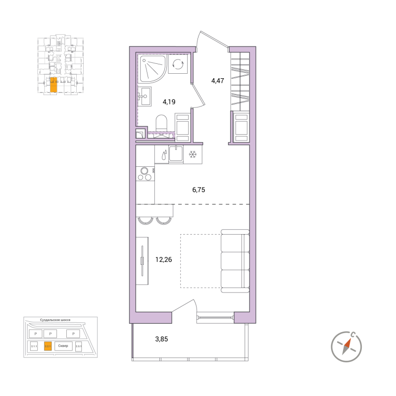Квартира-студия, 28.83 м² в ЖК "Окла" - планировка, фото №1