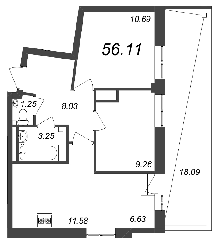 3-комнатная (Евро) квартира, 55.8 м² в ЖК "Neva Residence" - планировка, фото №1