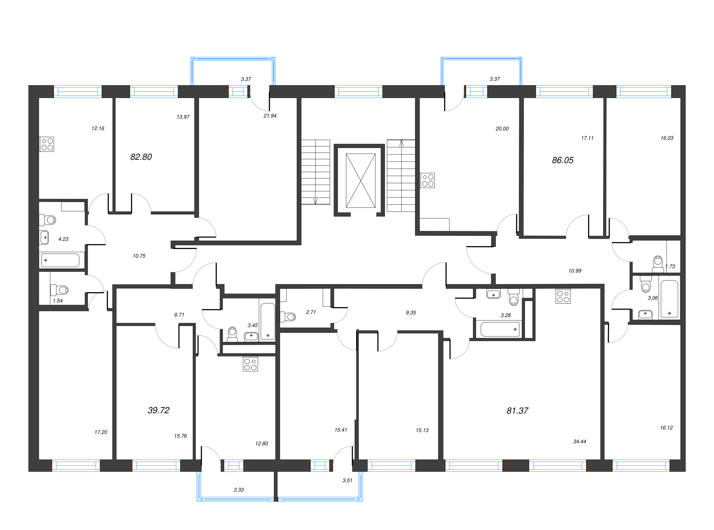 3-комнатная (Евро) квартира, 80.32 м² - планировка этажа