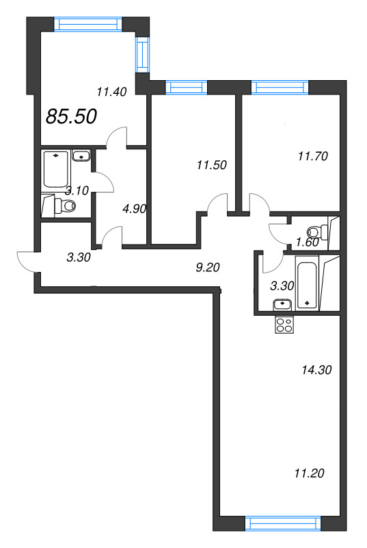4-комнатная (Евро) квартира, 85.5 м² в ЖК "Легенда на Охте" - планировка, фото №1