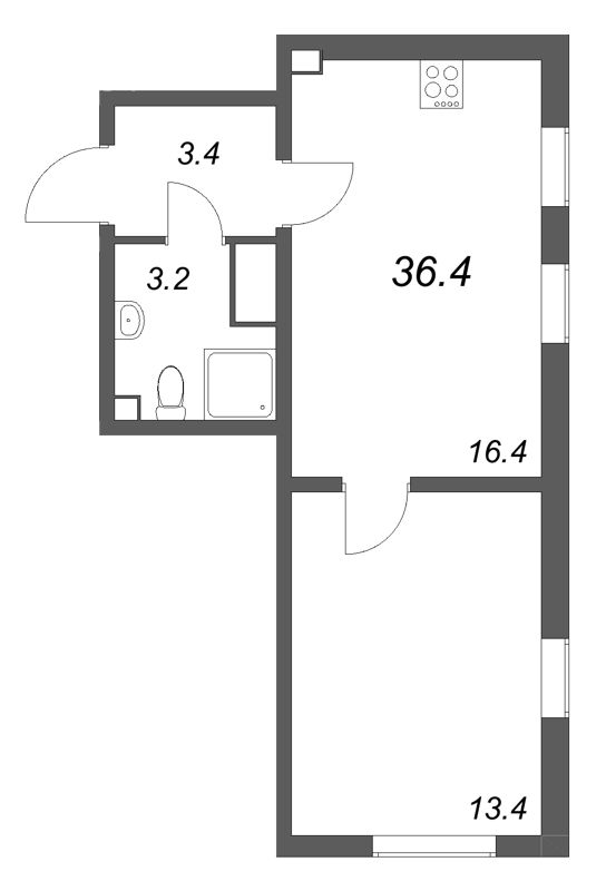 2-комнатная (Евро) квартира, 36.4 м² в ЖК "Октябрьская набережная" - планировка, фото №1
