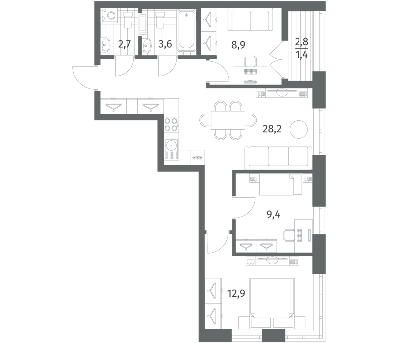 3-комнатная квартира, 67.3 м² в ЖК "NewПитер 2.0" - планировка, фото №1