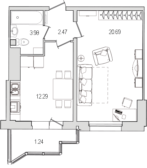1-комнатная квартира, 43.1 м² - планировка, фото №1