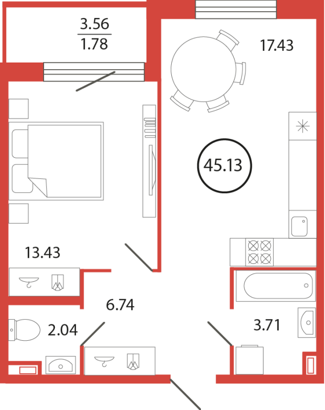2-комнатная (Евро) квартира, 45.13 м² в ЖК "Энфилд" - планировка, фото №1