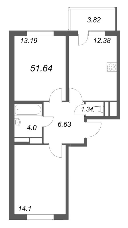 2-комнатная квартира, 51.64 м² в ЖК "ЮгТаун" - планировка, фото №1