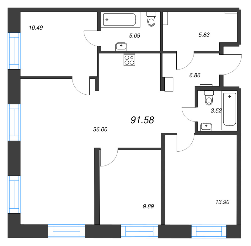 4-комнатная (Евро) квартира, 91.58 м² в ЖК "Alpen" - планировка, фото №1