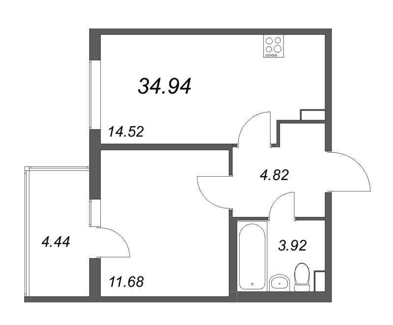 1-комнатная квартира, 34.94 м² - планировка, фото №1