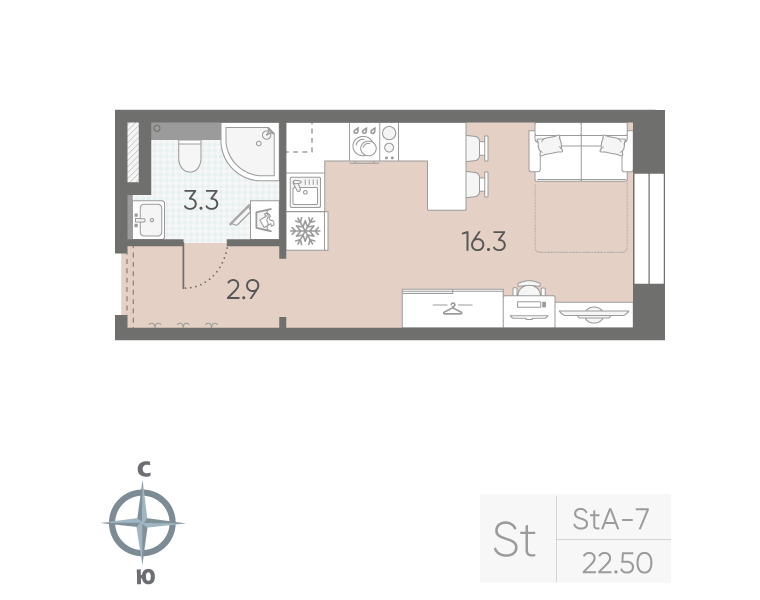 Квартира-студия, 22.5 м² в ЖК "Большая Охта" - планировка, фото №1