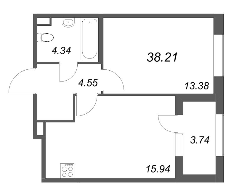 2-комнатная (Евро) квартира, 38.21 м² в ЖК "Дубровский" - планировка, фото №1