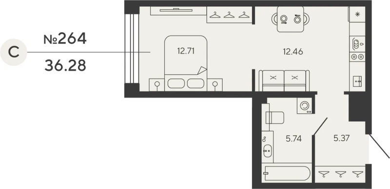 Квартира-студия, 36.28 м² - планировка, фото №1