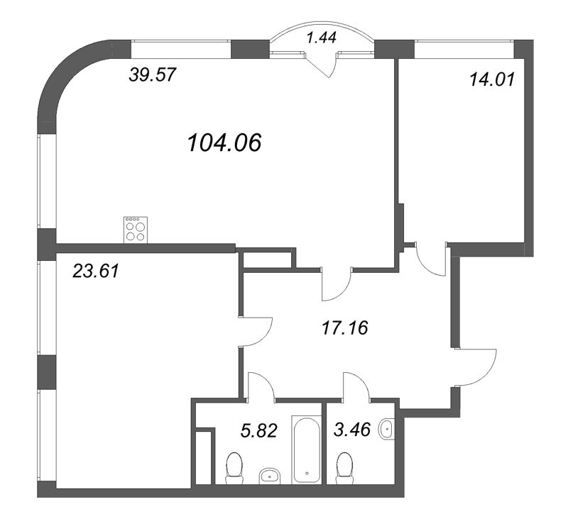 3-комнатная (Евро) квартира, 104.06 м² - планировка, фото №1