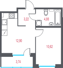 1-комнатная квартира, 33.49 м² в ЖК "Город-спутник Южный" - планировка, фото №1