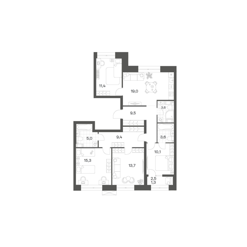 5-комнатная (Евро) квартира, 102.03 м² в ЖК "Новый Питер" - планировка, фото №1
