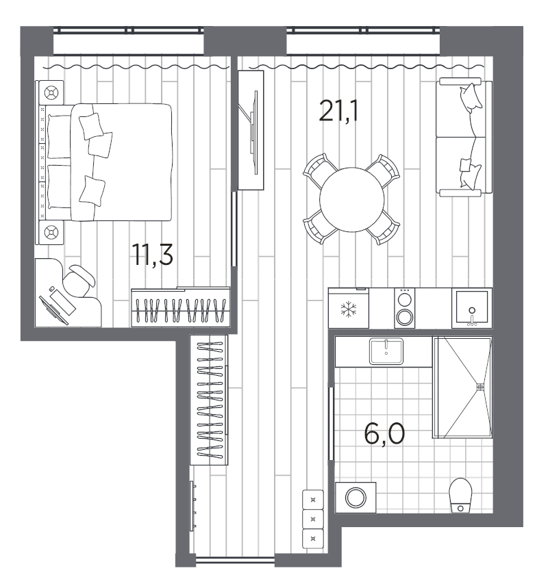 2-комнатная (Евро) квартира, 38.4 м² - планировка, фото №1