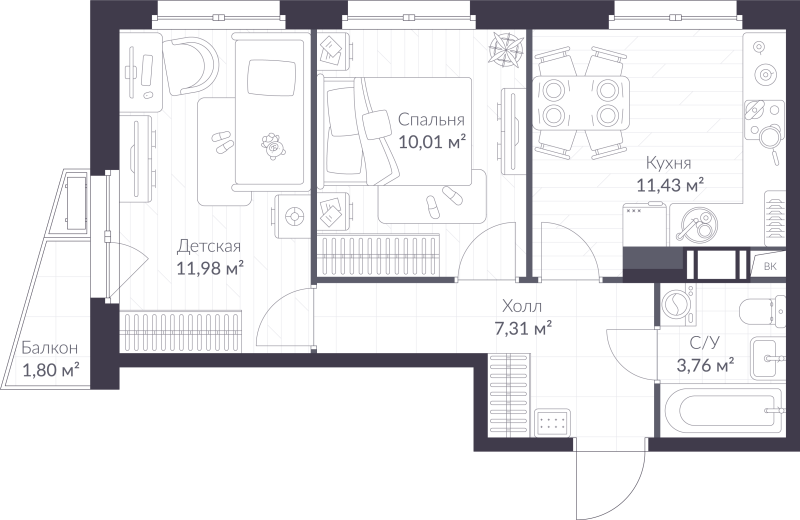 2-комнатная квартира, 45.03 м² - планировка, фото №1