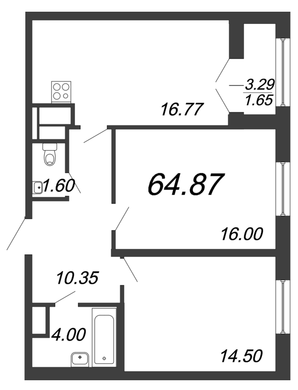 3-комнатная (Евро) квартира, 64.87 м² - планировка, фото №1