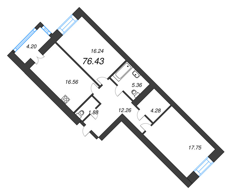 3-комнатная (Евро) квартира, 75.9 м² - планировка, фото №1