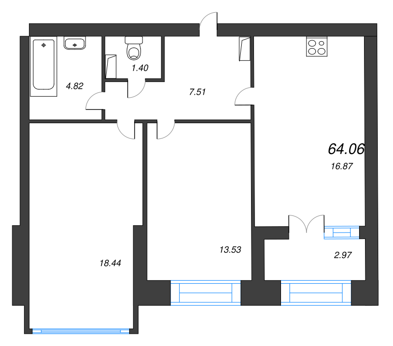 3-комнатная (Евро) квартира, 67.3 м² - планировка, фото №1