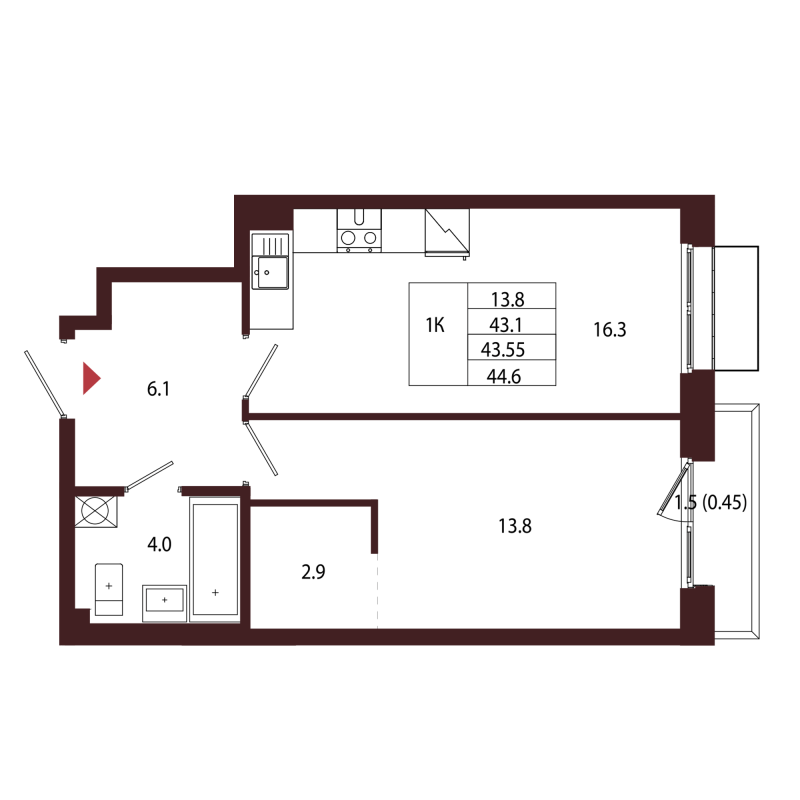 2-комнатная (Евро) квартира, 43.55 м² в ЖК "Лисино" - планировка, фото №1