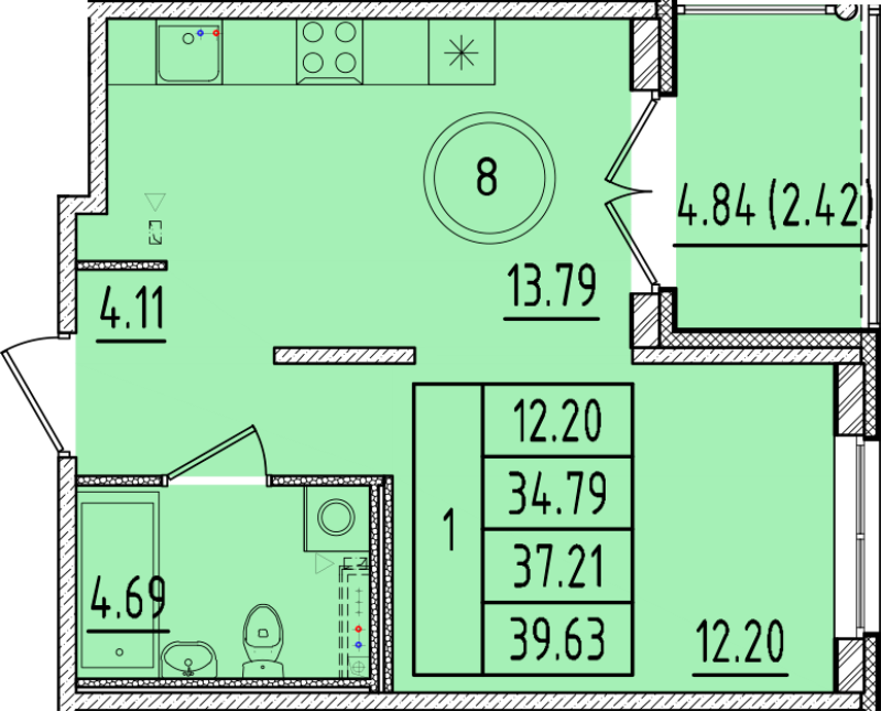 1-комнатная квартира, 34.79 м² - планировка, фото №1