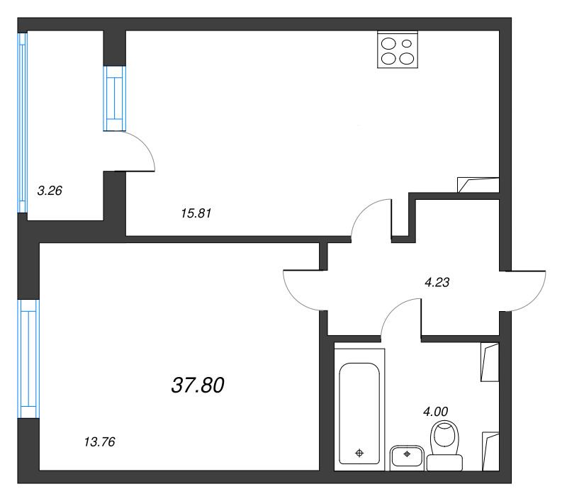 2-комнатная (Евро) квартира, 37.8 м² в ЖК "Любоград" - планировка, фото №1