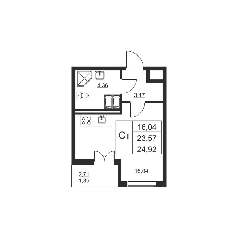 Квартира-студия, 24.92 м² в ЖК "Высота" - планировка, фото №1