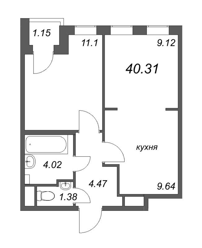 2-комнатная (Евро) квартира, 40.31 м² - планировка, фото №1