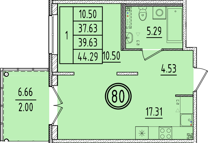 2-комнатная (Евро) квартира, 37.63 м² в ЖК "Образцовый квартал 6.4" - планировка, фото №1