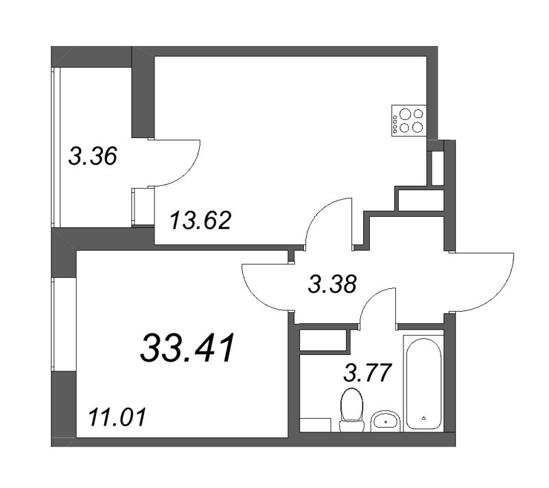 1-комнатная квартира, 33.41 м² - планировка, фото №1