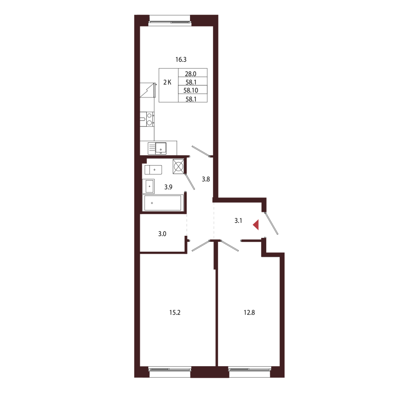 3-комнатная (Евро) квартира, 58.1 м² в ЖК "Лисино" - планировка, фото №1
