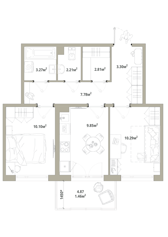 2-комнатная квартира, 51.07 м² в ЖК "Тишин" - планировка, фото №1