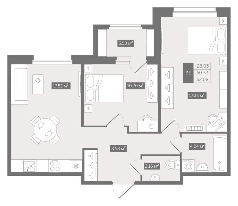 3-комнатная (Евро) квартира, 62.08 м² - планировка, фото №1