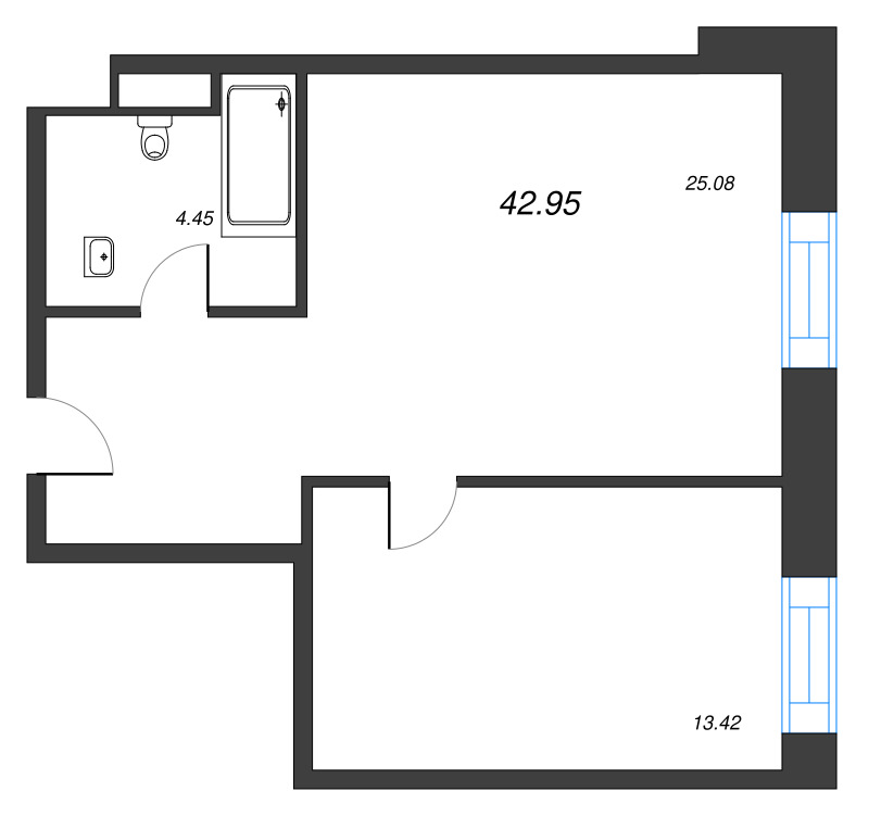 2-комнатная (Евро) квартира, 42.95 м² - планировка, фото №1