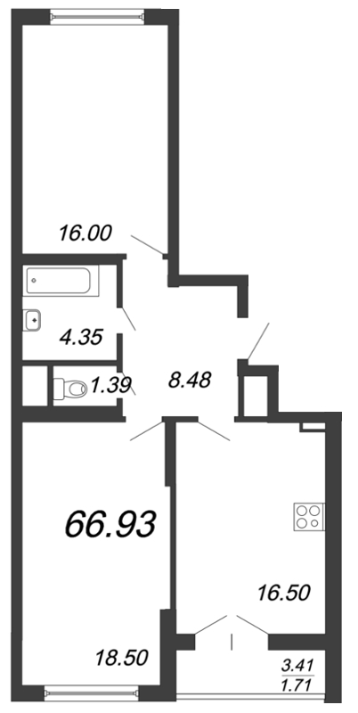 3-комнатная (Евро) квартира, 67.9 м² - планировка, фото №1