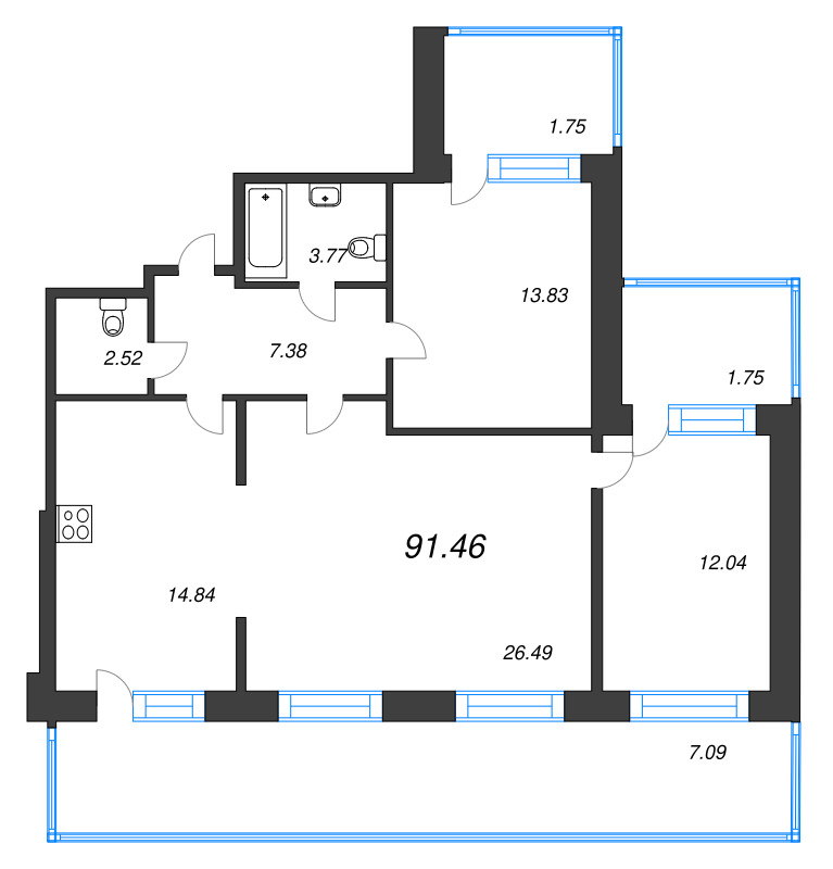 3-комнатная квартира, 91.46 м² в ЖК "Капральский берег" - планировка, фото №1