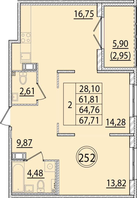 3-комнатная (Евро) квартира, 61.81 м² - планировка, фото №1
