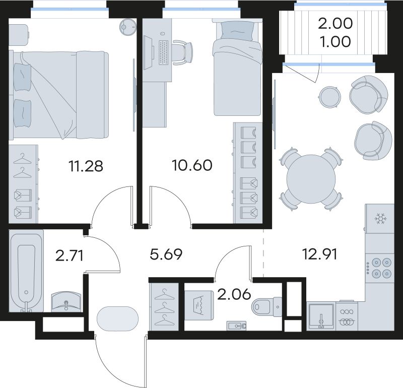 2-комнатная квартира, 46.25 м² - планировка, фото №1