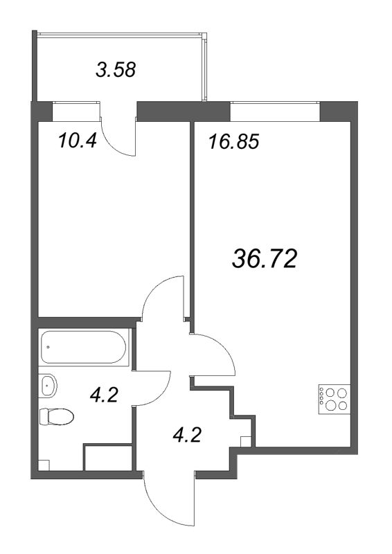 2-комнатная (Евро) квартира, 36.72 м² - планировка, фото №1