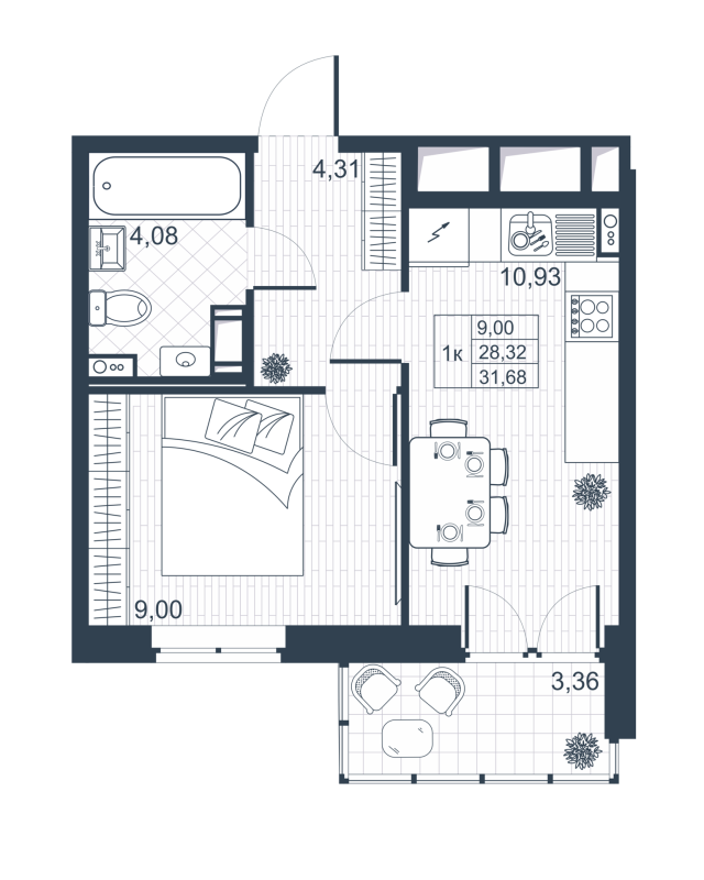 1-комнатная квартира, 30 м² - планировка, фото №1
