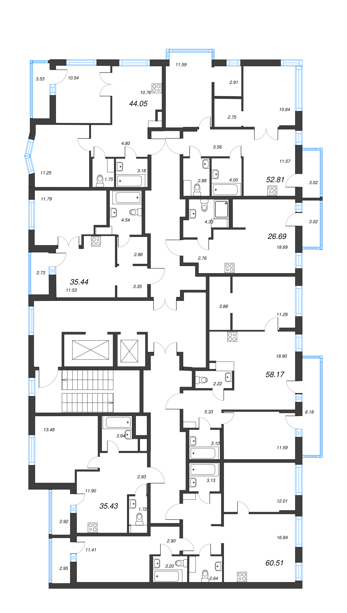 3-комнатная (Евро) квартира, 58.17 м² - планировка этажа