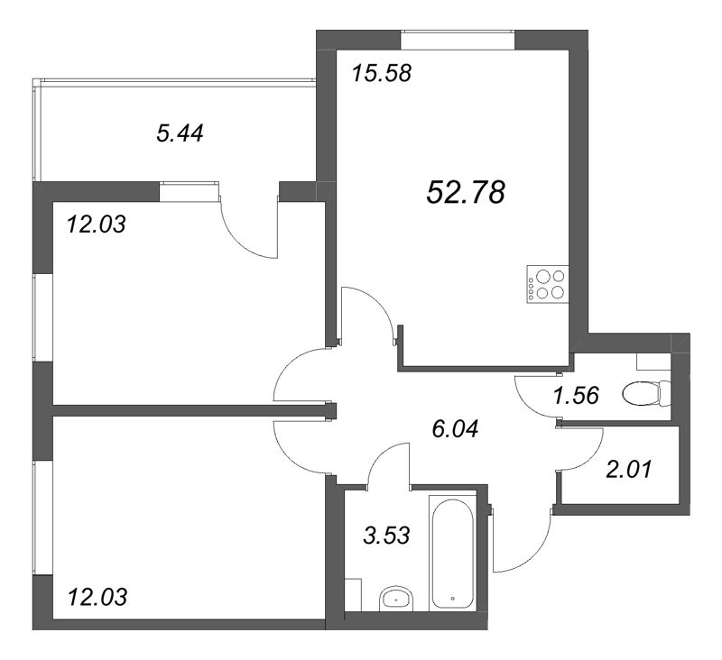 3-комнатная (Евро) квартира, 52.78 м² в ЖК "Любоград" - планировка, фото №1